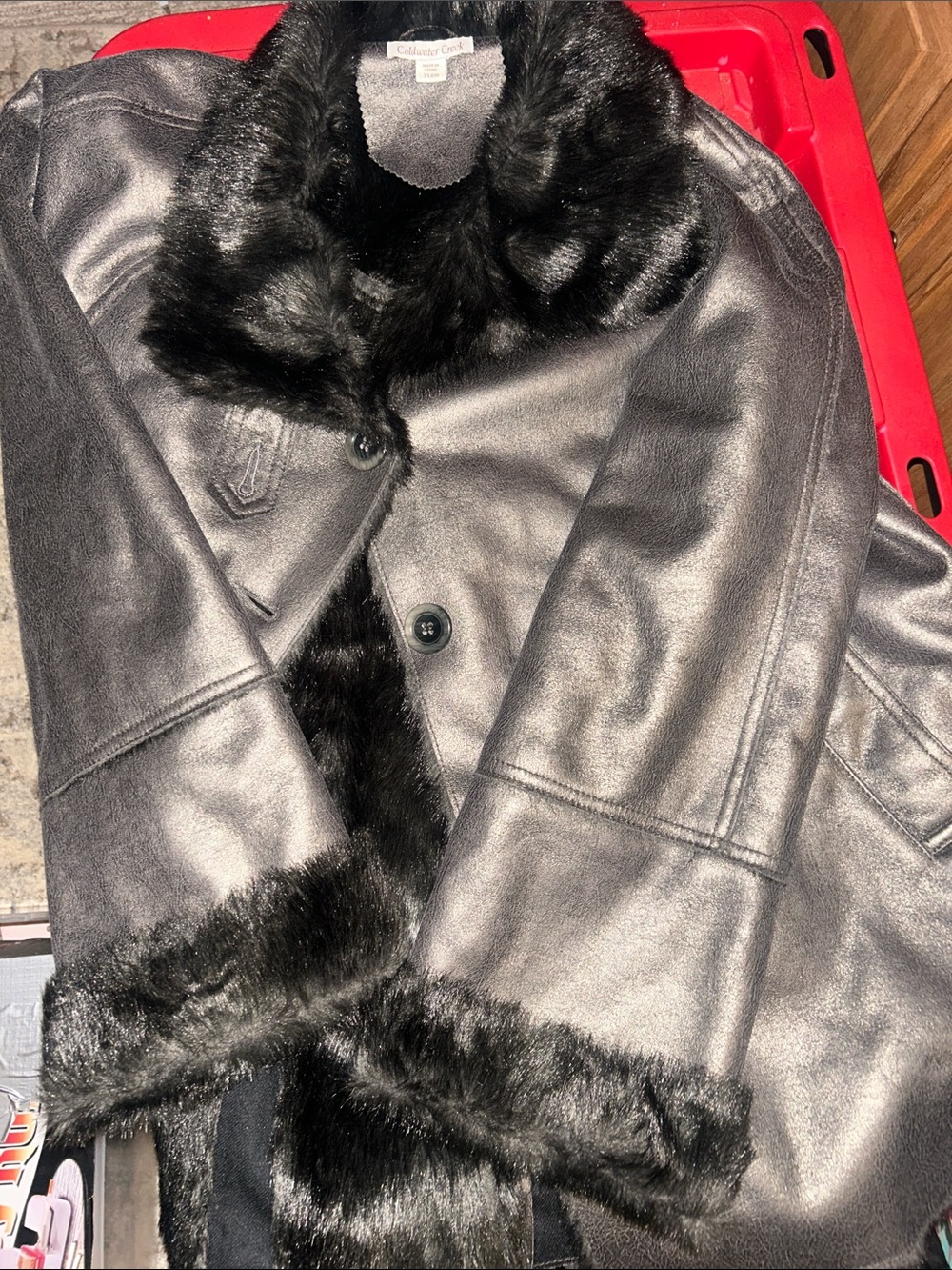 Coldwater Creek Black Faux Leather Jacket with Faux Fur Trim